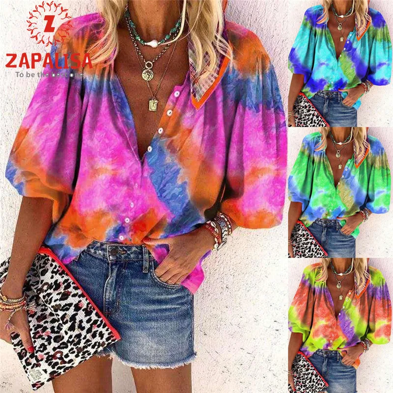 

Fashion Women Spring Autumn Casual Loose Shirts Single-breasted Design V-Neck Three Quarter Sleeve Tie-dye Print Cardigan Top