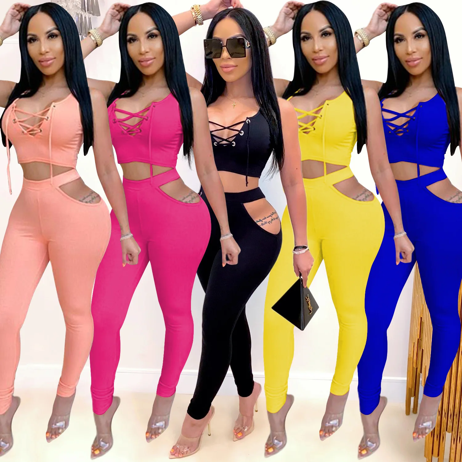 

New Hollow-out Lace-up Sexy Women's Two-piece Suit Solid Color Tops And Pants Outfits Fashion Leisure Tracksuits
