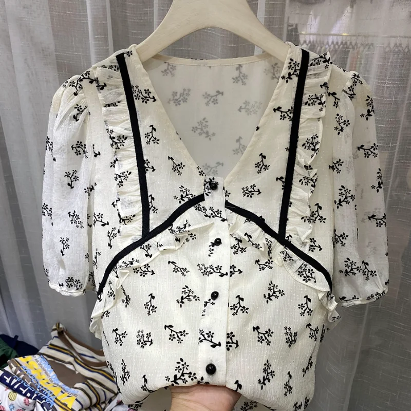 

Женские белые рубашки в стиле пэчворк с оборками, летняя Новинка 2021, элегантные офисные топы с v-образным вырезом и пышными рукавами