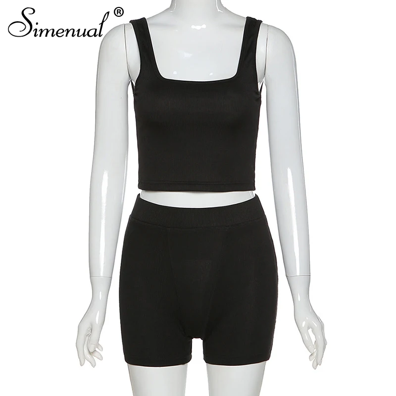 

Simenual Casual Sporty Ribbed Women Matching Sets Sleeveless Workout Active Wear 2 Piece Outfits Fitness Tank Top And Shorts Set