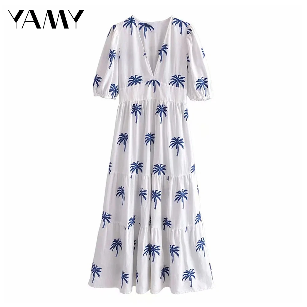 

Женское платье с вышивкой пальмы YAMYi, белое длинное платье с рукавом до локтя и глубоким V-образным вырезом, Пляжное Платье-трапеция из хлопк...