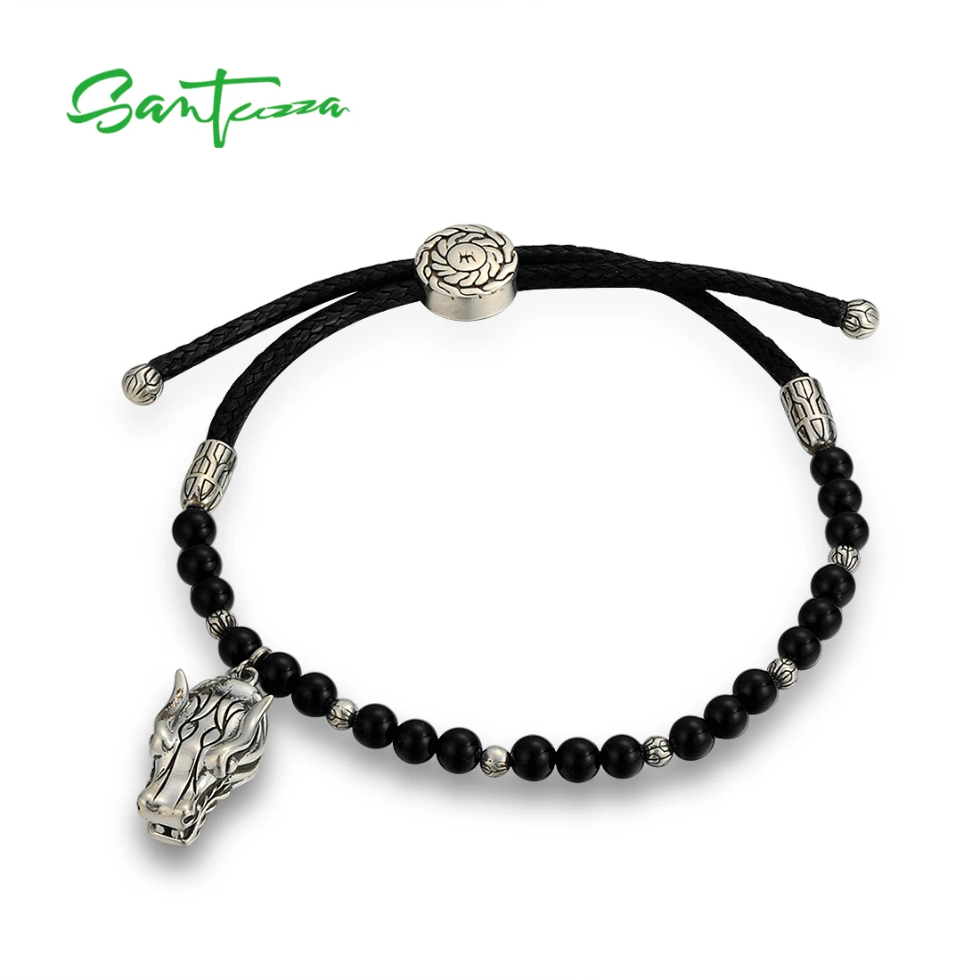 

SANTUZZA Pure 925 Sterling Silver Bracelets For Women Adjustable Dyed Black Agates Dragon Head Cotton Strap Animal Fine Jewelry