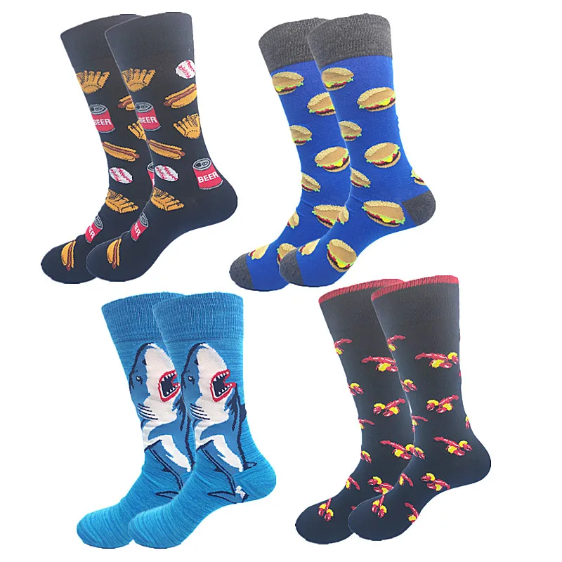

A Pair of Good Quality Autumn and Winter Cotton Men's Socks Hamburger Beer Coke Banana Shark Fruit Crab Middle Cylinder