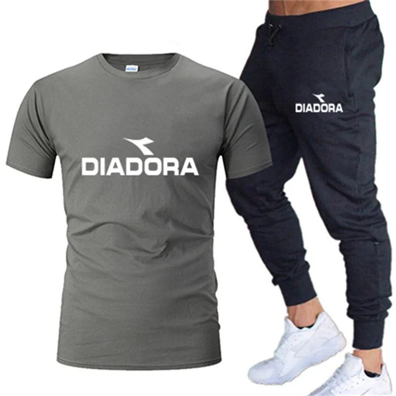 

2021 Spring And Summer Men's Leisure Fitness Jogging Round Neck Printed Cotton Short Sleeve + Sports Pants Set