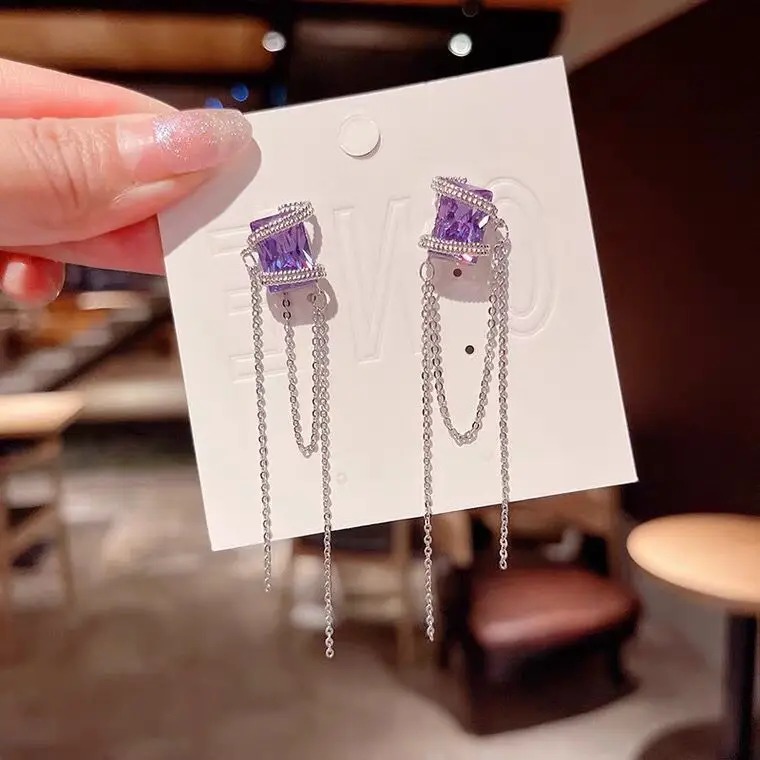 

Purple Heart Crystal Earrings for Women Bijoux Long Tassel Geometric Rhinestone Dangle Earrings Statement Jewelry