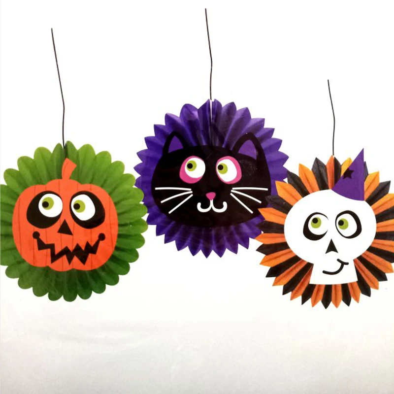 

3 шт. Хэллоуин веера из папиросной бумаги DIY украшения тыквы Призрак Черный кот кулон украшение вечерние принадлежности