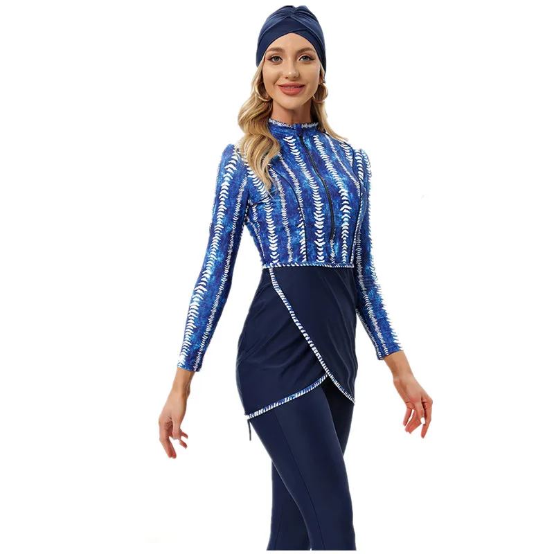 

Muslim printing Swimwear Women Modest Long Sleeves Swimsuit 3pcs Islamic Burkinis Front zipper + With Bra Pad
