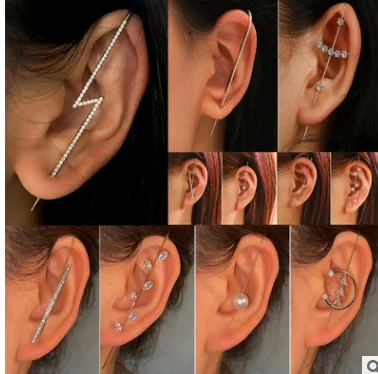 New cool wind inlaid diamond earring simple personality piercing female lightning leaves auricle-type diagonal | Украшения и