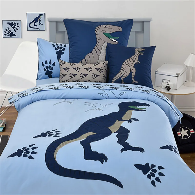 

100%cotton children cartoon embroidered blue dinosaur 3/4pcs bedding set twin full queen size without filling housse de couette
