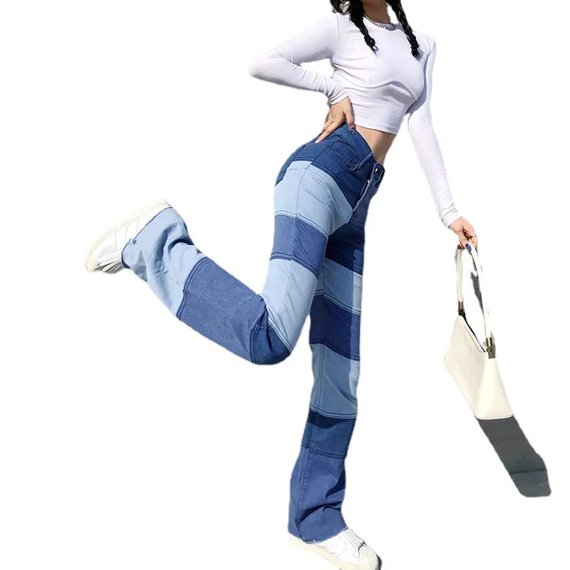 

Jeans for Women slim Patchwork High Waist Trousers Pockets Female Mom Wide Leg Denim Pants Ripped Straight Jeans