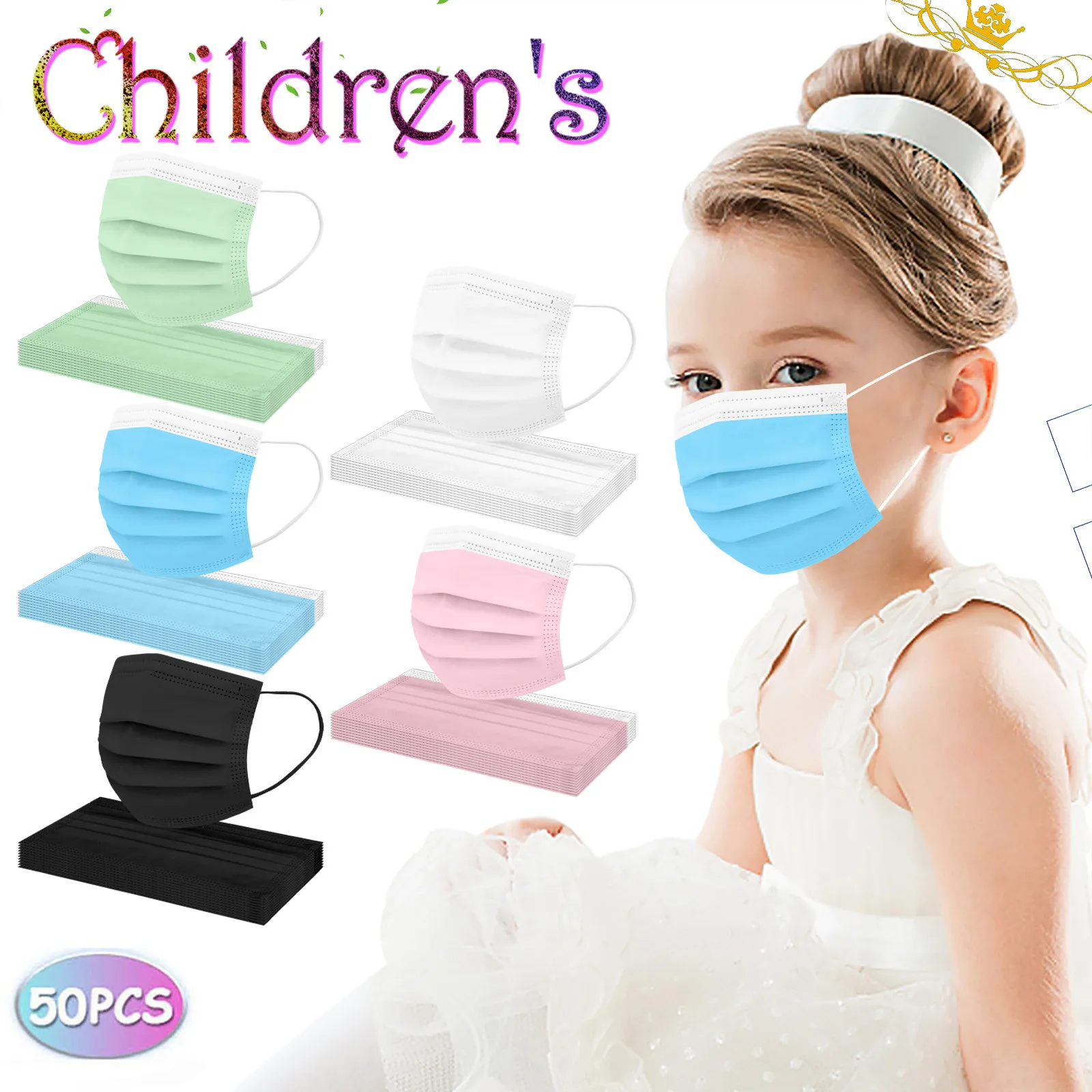 

50pcs Kids Soild Disposable mask Mascarillas 3layer Filter Solid Color Black Mask Unisex Disposable Face Mask Children Masque