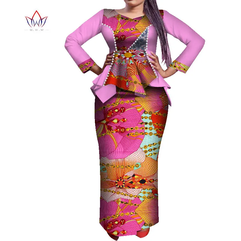 Customize African Print Peals Long Sleeve Tops and Skirt Sets for Women Bazin Riche African Clothing 2 Pieces Skirts Sets WY7641