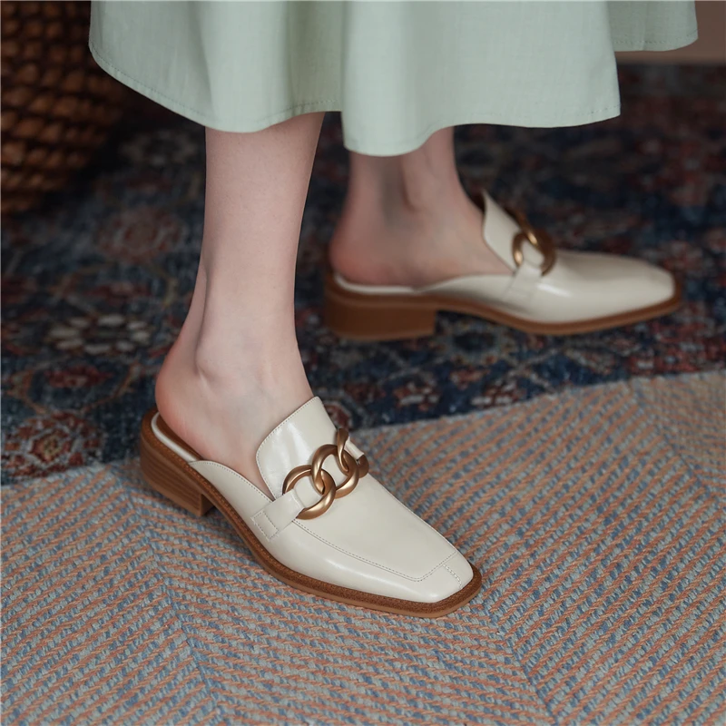 

VERCONAS Retro Concise Women Sandals Metal Chain Square Toe Mules Spring Summer Low Heels Casual Shoes Woman Genuine Leather