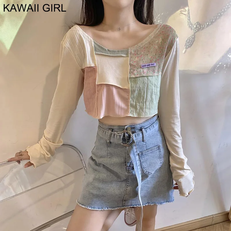 

Women'S Strapless Stitching T Shirt Summer Sunscreen Top Sweet Cute Girl Kawaii Long-Sleeved Tee Shirt 2020 Fall Short T-Shirts
