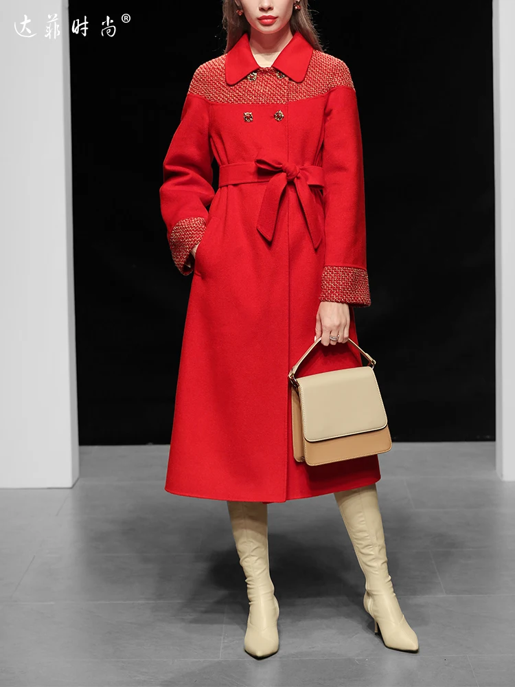 2020 Spring Fashion New Style Elegant Long Sleeve Red Patchwork Turn Down Collar Woolen Coat Vintage Sash Trench | Женская одежда