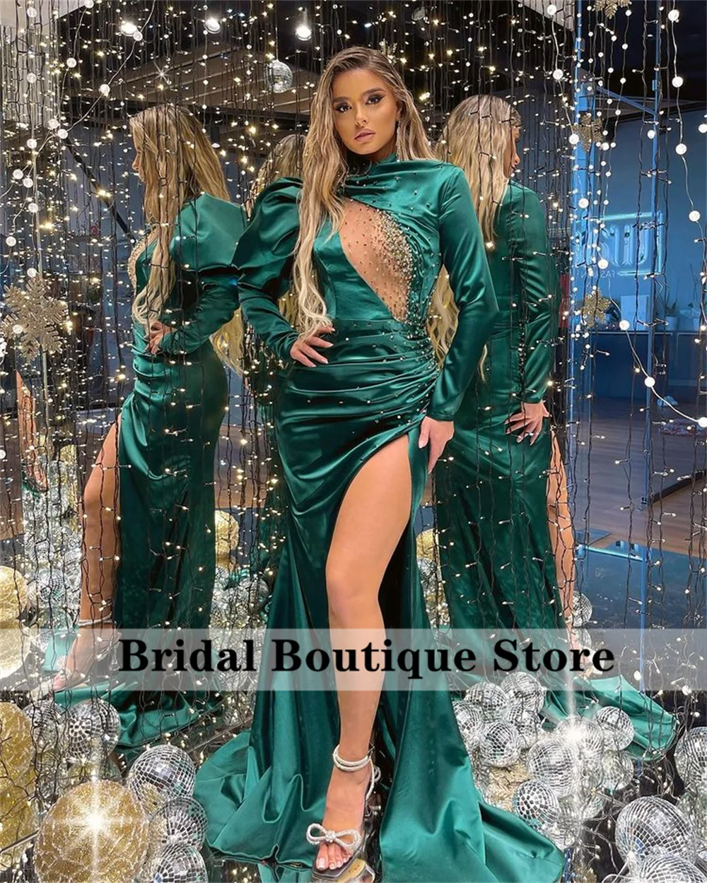 

Elegant Green Beaded Evening Dresses Luxury 2022 Lace High Neck Puffy Sleeve Rhinestones Side Slit Prom Dress Vestido De Festa