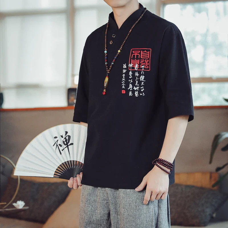 

2021 Summer New Men Short-sleeved Cotton T-shirts Fashion Chinese Style Casual Embroidered Tee Shirt