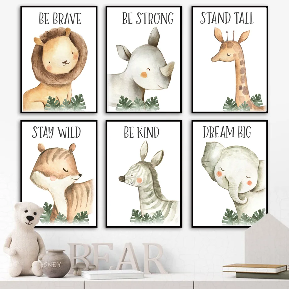 

Настенная картина для детской комнаты, постер на холсте с изображением Льва, слона, жирафа, зебры, лисы, зеленых листьев, скандинавский декор...