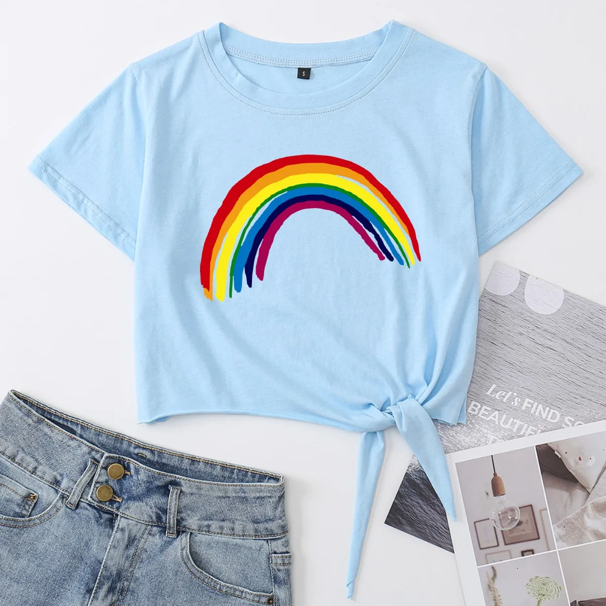

Rainbow Knotted Crop Top Shirt Women's Summer Short Sleeve Print Cotton T-Shirt Cropped Tops Graphic Tee with Front Tie Knot