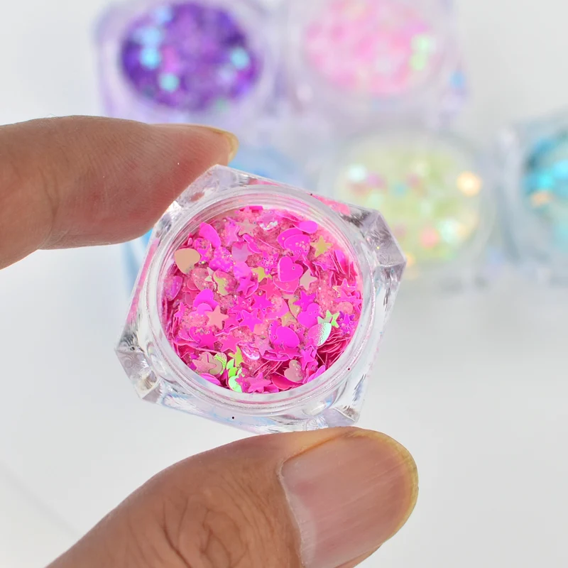 Блестки 3D для ногтей в виде звезды луны сердца разных цветов 1 коробка блестки