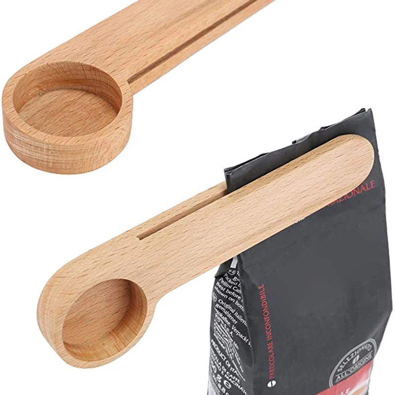 Cuchara de madera maciza de haya para caf&eacute;, cuchara medidora con Clip para bolsa, regalo, venta al por mayor, 100 unids/lote-2