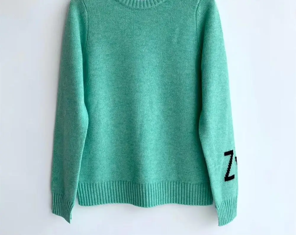 

100% Cashmere Women Sweater Letter Cuff Split O-neck Early Autumn New Knitwear Top