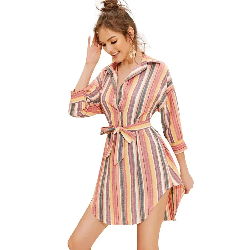 

Spring Autumn Striped Dress Women Loose Elegant Shirt Dress Long Sleeve Casual Women Mini Dress Female Vestidos