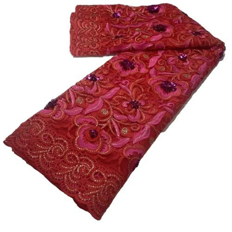 

Red African 3D Flower Sequin Organza Lace Fabric High Quality Lace French Tulle Lace Fabric Nigerian Lace Fabrics For Wedding