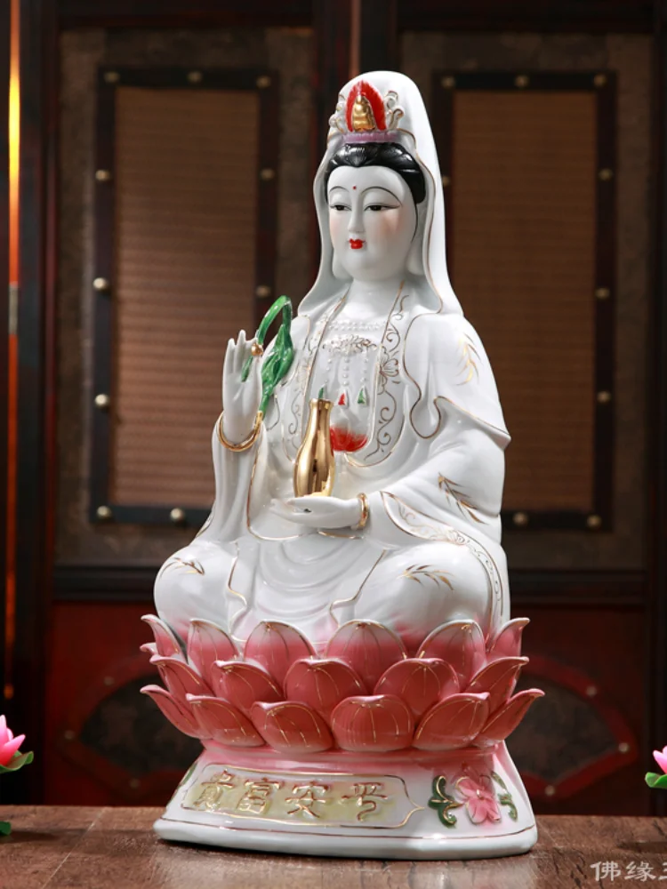 Сидящая на лотосе Авалокитешвара с изображением Будды и Гуаньинь керамика мир
