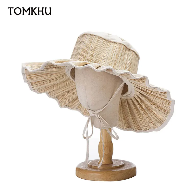 New Summer Parent-child Hat Foldable Pleated Hat With Straps Kid Sun Hat Women Beach Hat Holiday Gift Fashion Bonnet Enfant Cape