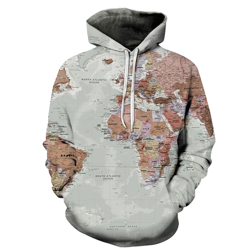 Толстовка с принтом карта мира мужские толстовки забавная 3D уличная одежда для