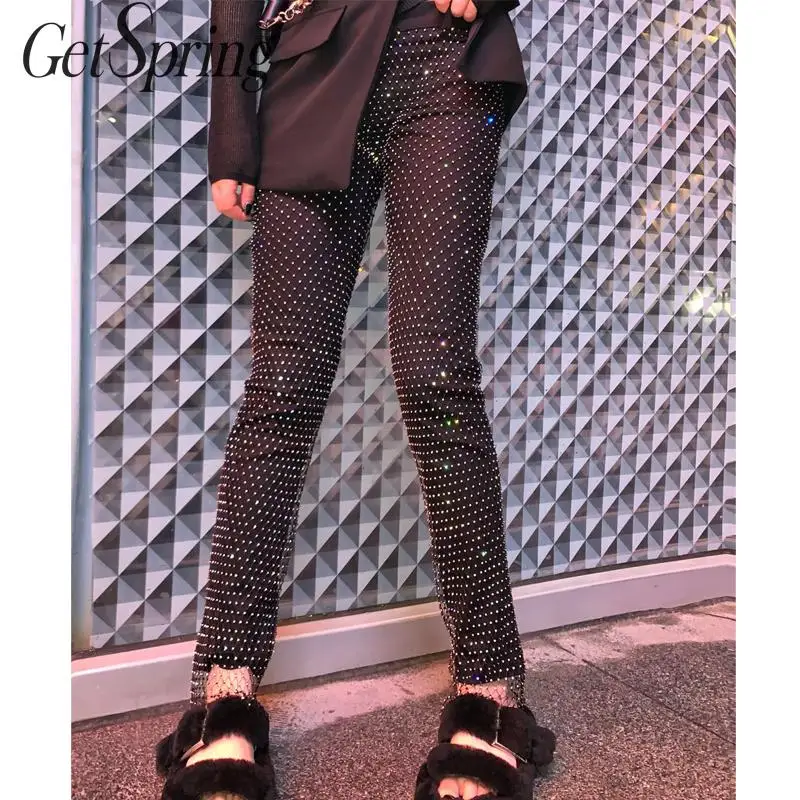 Женские джинсы карандаш GetSpring черные с высокой талией сетчатые длинные джинсовые