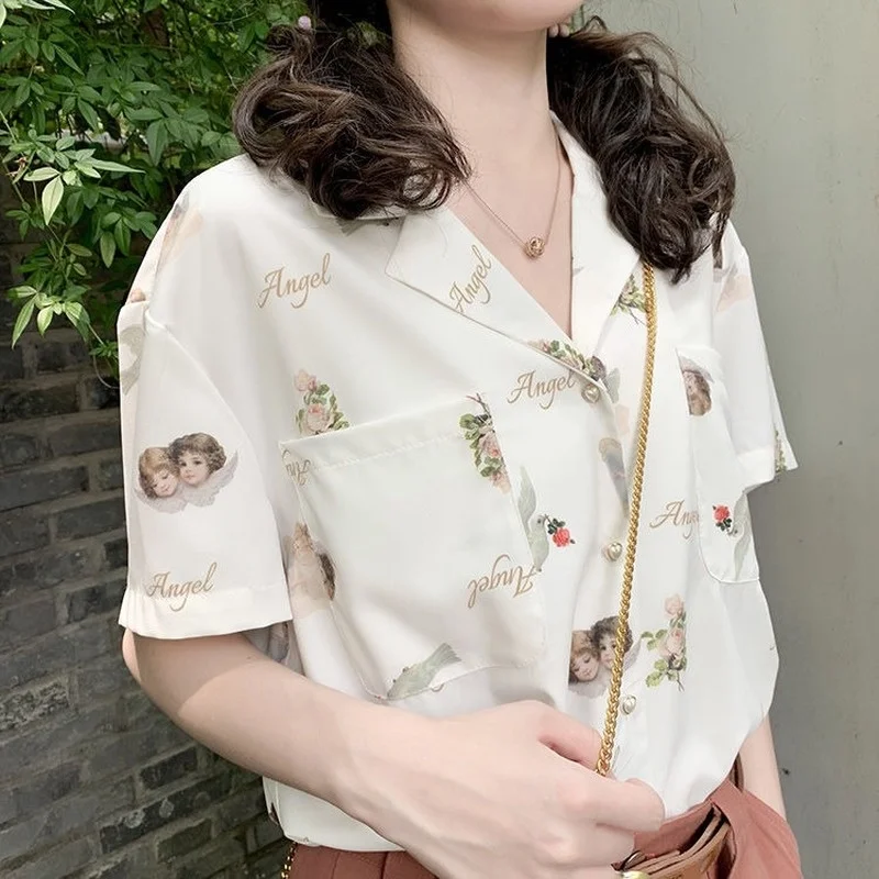 

Women's Shirts Summer Printed Single Breasted Casual Loose Tops Preppy Korean BF Sweet Teens Blouses Vintage