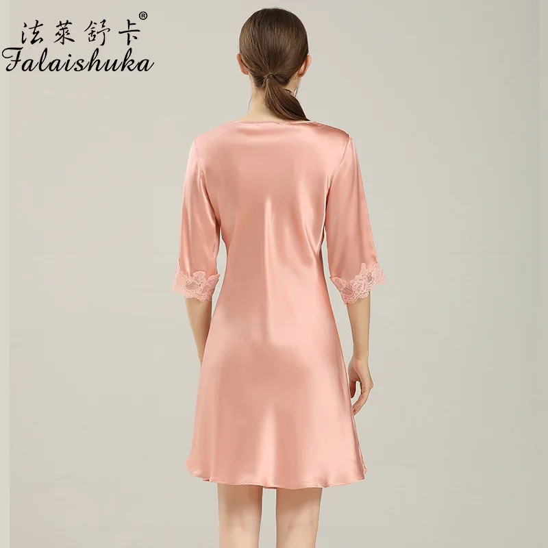 Lady 100% Silk Sleepshirts Sleepwear Homewear 2021 Summer Spring Pink Lace Patchwork Half Sleeve Sleep Wears