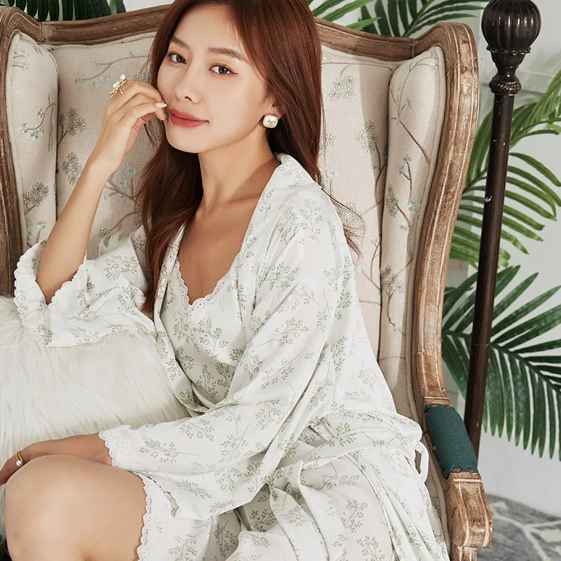 Print Flower Robe Set Spring Summer New Women Sleepwear 2PCS Nightgown Suit Sexy Lace Trim Bride Bridesmaid Wedding Nightdress