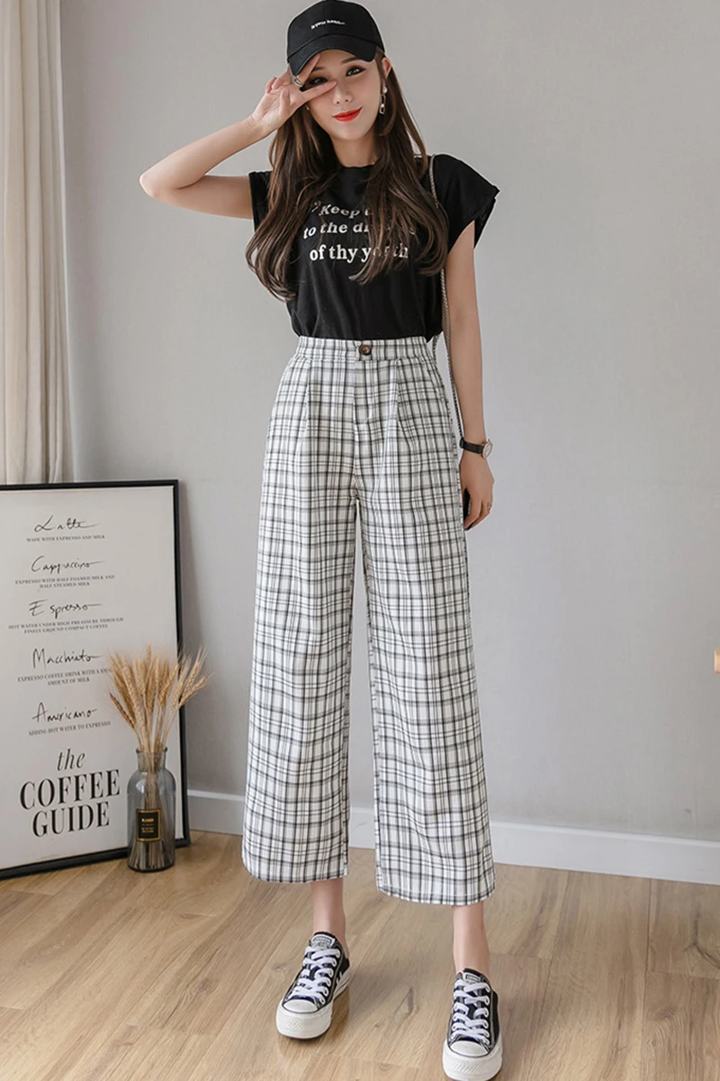 

2021 Summer Plaid Casual Pants Loose Retro High Waist Hong Kong Flavor Cotton And Linen Wide-Leg Pants Korean Trousers