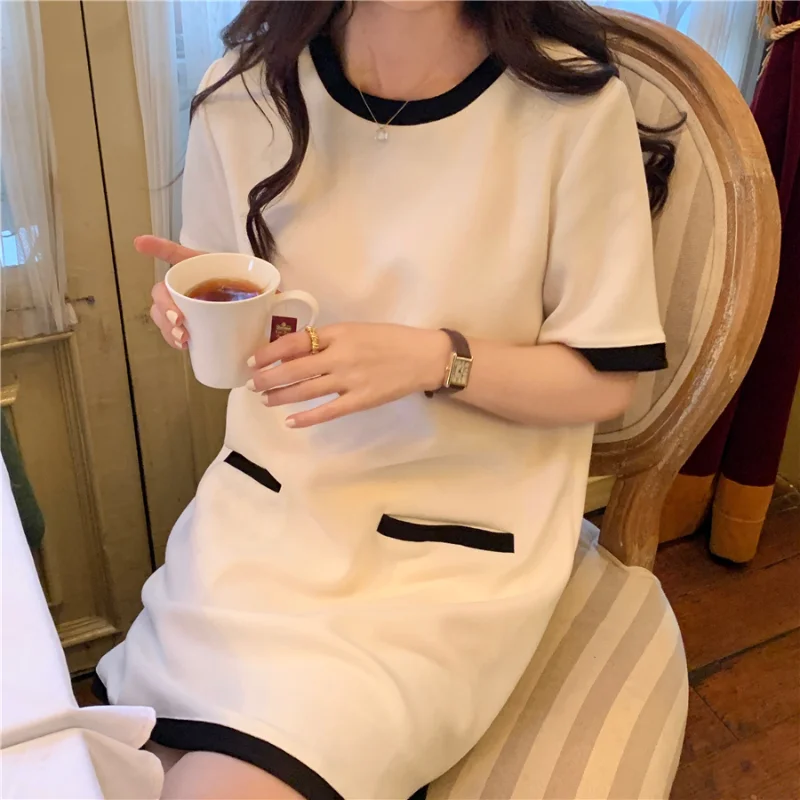 

O Neck Contrast Color Design Short Sleeve Mini Dress Women Simple Loose Soft Korean Style Vestidos De Mujer Casual Party Robe