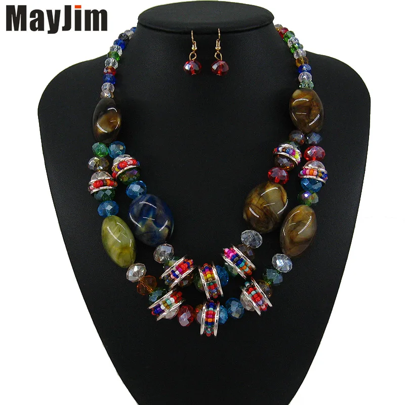 

MayJim Statement Vintage Big crystal double bead Chain Necklace Choker Women Natural pattern bohemian Necklaces Pendants Fashion