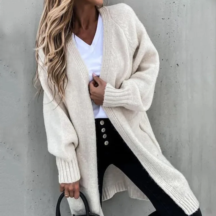 

Women's Medium and Long Sweater Cardigan Coat 2021 Autumn and Winter New Solid Color Leisure Long Sleeve Loose Sweater