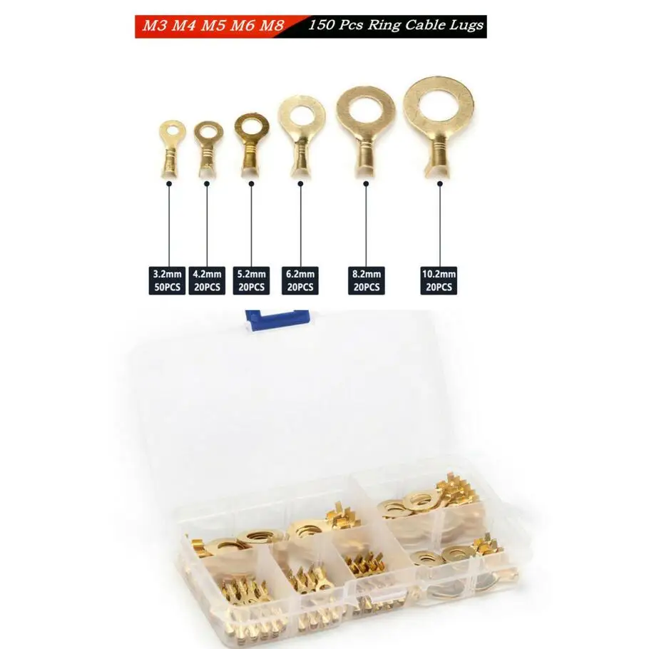 

150 x Gold Brass Non-insulated Crimp Cable Wire Connectors Terminals Ring Type