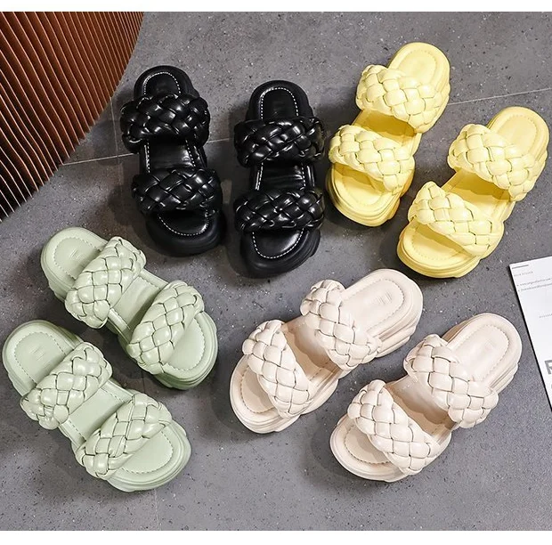 

Summer Women Slipper Brand Weave Ladies Sandal Shoe Low Open Toe Flat Casual Slides Beach Flip Flops thick bottom slippers