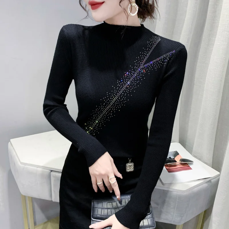 

#6595 Spring Autumn Black White Tight Women Sweaters And Pullovers Diamonds Sexy Skinny Stretch Basic Knitted Sweater Female