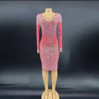 sexy rose red long sleeves crystals transparent ab dress evening celebrate dance prom stones outfit birthday costume