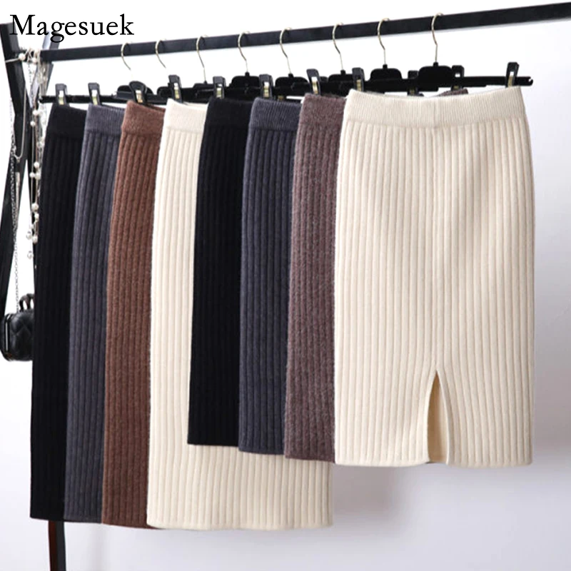

Autumn Winter Skirt Solid Color Thicken Splti Knitted Skirts Womens 2021 New Fashion Elegant Long Skirts For Women Faldas 12118