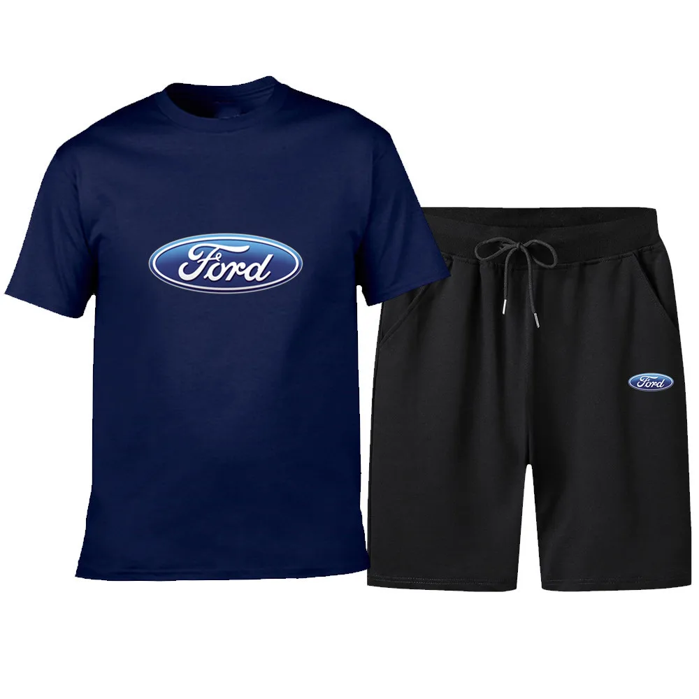 

2021 New Fashion Men's Ford Car Logo Short Sleeved T-shirt + Shorts Suits 2 Piece Sets Casual Fashion Printed Sportsuit