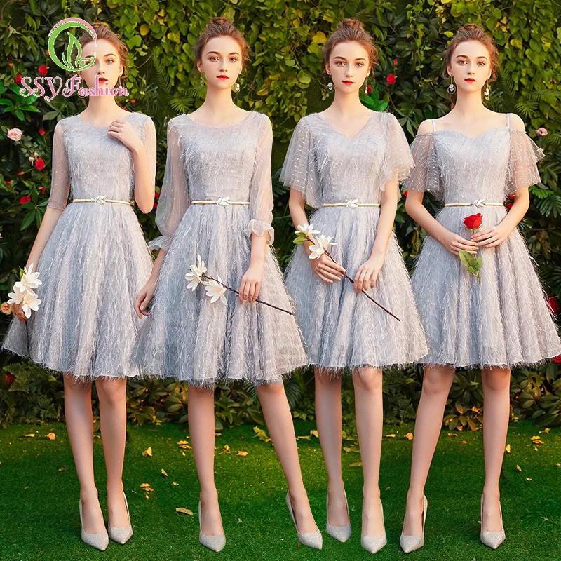 Женское платье подружки невесты SSYfashion элегантное серое Тюлевое кружевное