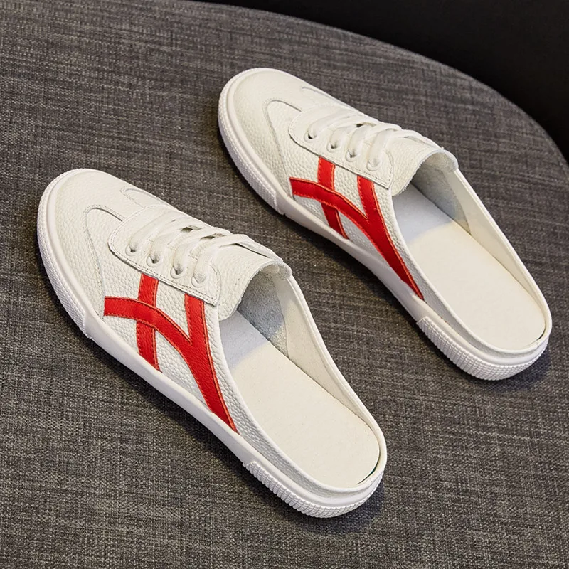 Кожаные красные Тапочки в сеточку Женская обувь Босоножки на плоской подошве