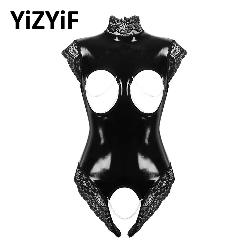 

Womens Wet Look Patent Leather One-piece Leotard Bodysuit Lingerie Sexy Open Breast Crotchless Lace Trimmed Bodysuit Nightwear