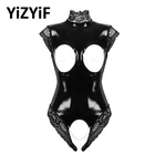 Боди женское из лакированной кожи, с открытой грудью, кружевное, цельное