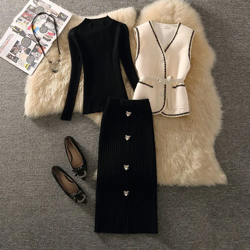 

2021 Autumn Winter Women Sets Female V-neck Short Woolen Vest Knitting Pullover Tops and Slim Skirts Ladies 3 Piece Suits Y813
